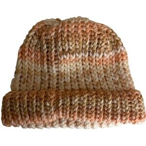 Handmade Knit Beanie Hat Pink White Brown Winter Warm Cozy